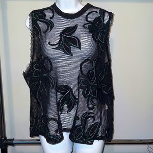 Black Floral Knit Patch Sleeveless Top Neckline